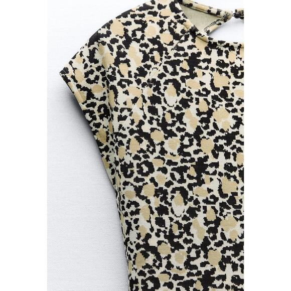 Zara Leopard Print Midi Dress Cap Sleeves Round Neck Size Small - Picture 4 of 9
